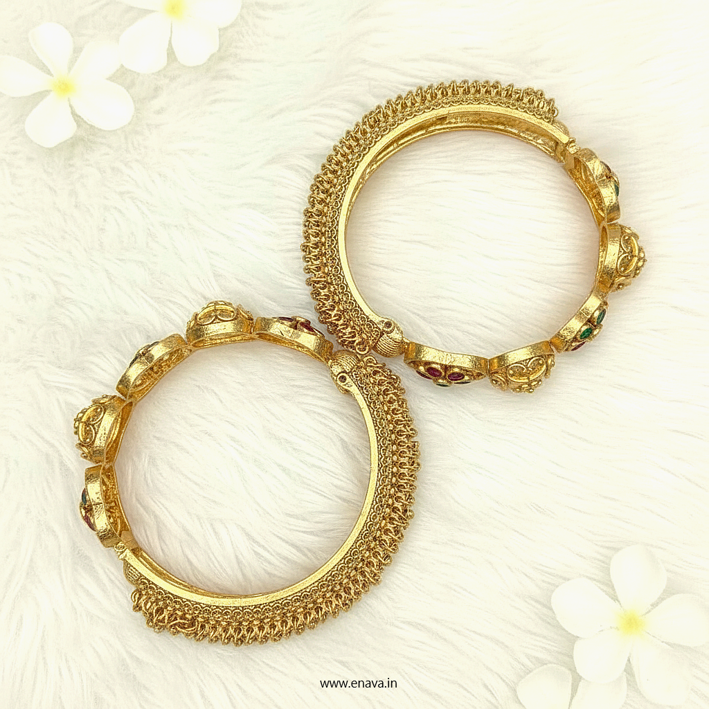 Rajwadi Ghungroo Flower Design Antique Gold Plated Bangles By Enava Bangle Enava Jewels.