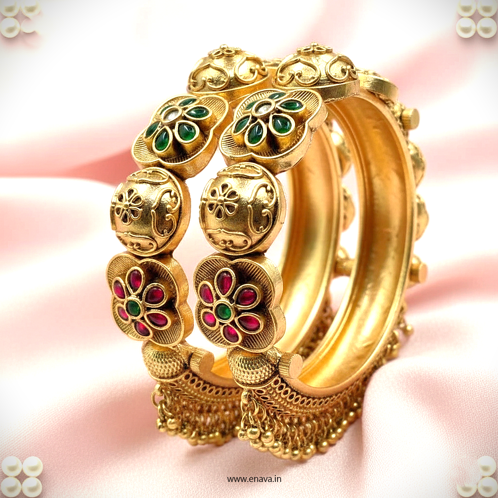 Rajwadi Ghungroo Flower Design Antique Gold Plated Bangles By Enava Bangle Enava Jewels.