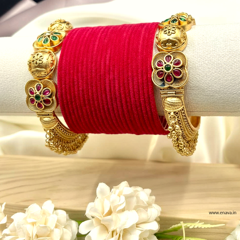 Rajwadi Ghungroo Flower Design Antique Gold Plated Bangles By Enava Bangle Enava Jewels.