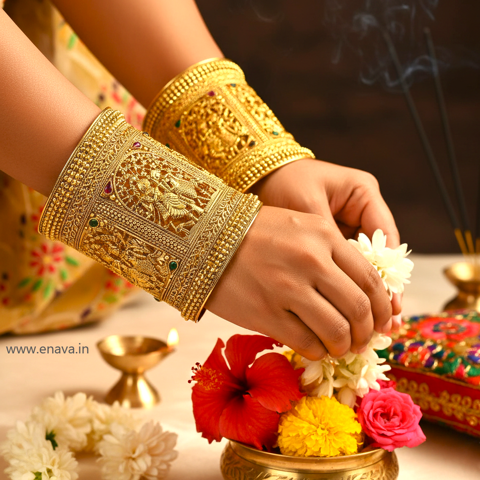 Temple Rajwadi Radha Krishna Patla Kada Gold Plated Bangles By Enava Bangle Enava Jewels.