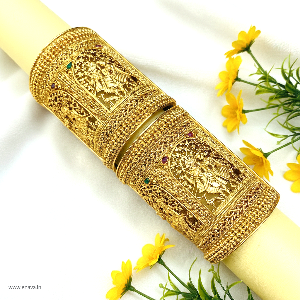 Temple Rajwadi Radha Krishna Patla Kada Gold Plated Bangles By Enava Bangle Enava Jewels.