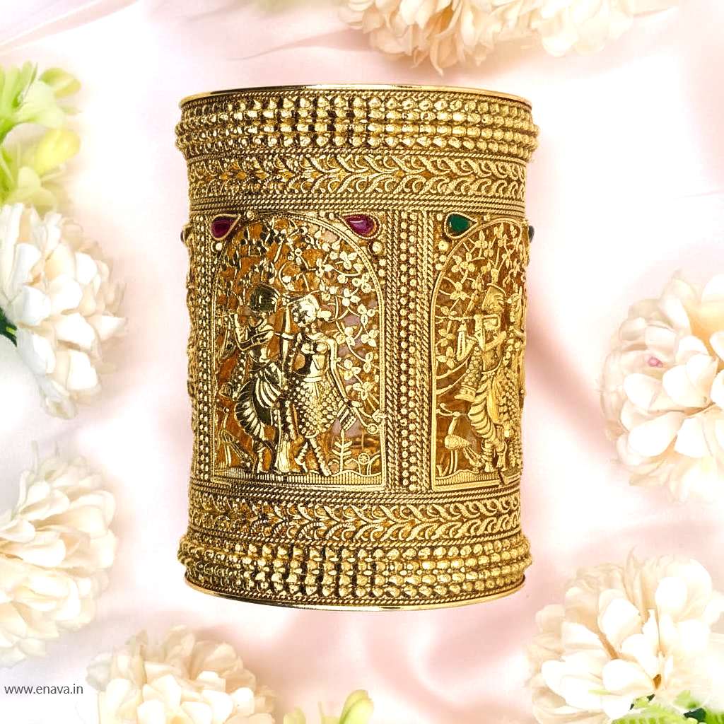 Temple Rajwadi Radha Krishna Patla Kada Gold Plated Bangles By Enava Bangle Enava Jewels.