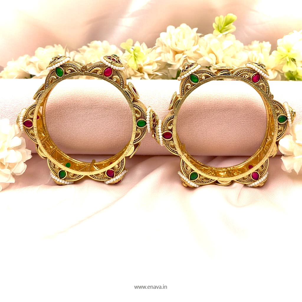 Rajwadi Pacheli Pearl Kundan Work Gold Plated Bangles By Enava Bangle Enava Jewels.