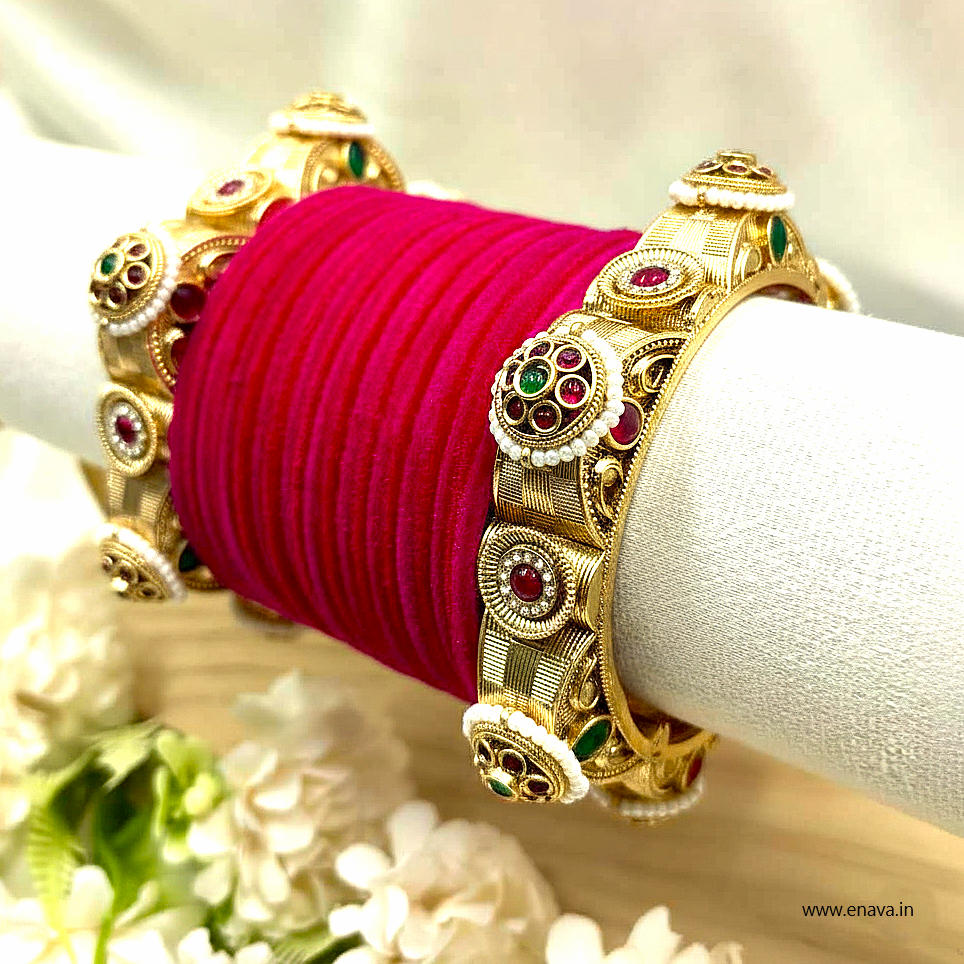 Rajwadi Pacheli Pearl Kundan Work Gold Plated Bangles By Enava Bangle Enava Jewels.