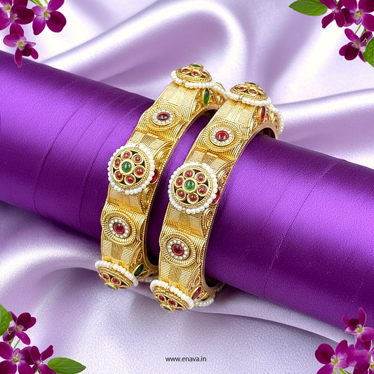 Rajwadi Pacheli Pearl Kundan Work Gold Plated Bangles By Enava Bangle Enava Jewels.