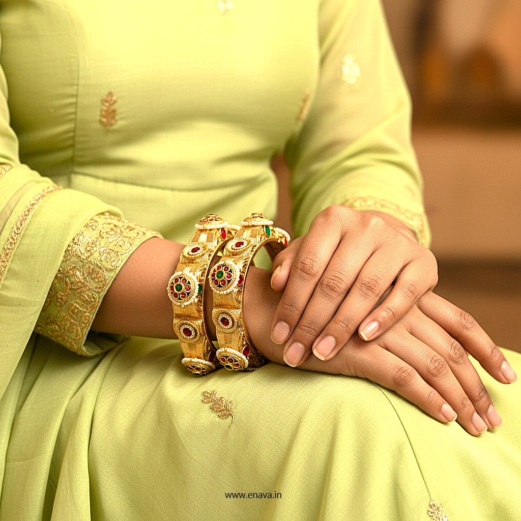 Rajwadi Pacheli Pearl Kundan Work Gold Plated Bangles By Enava Bangle Enava Jewels.