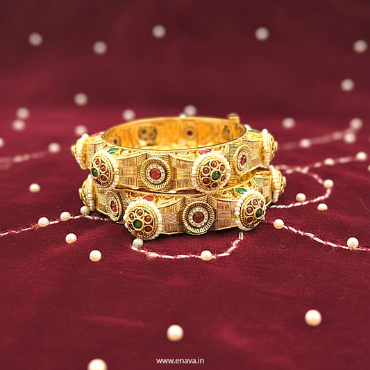 Rajwadi Pacheli Pearl Kundan Work Gold Plated Bangles By Enava Bangle Enava Jewels.