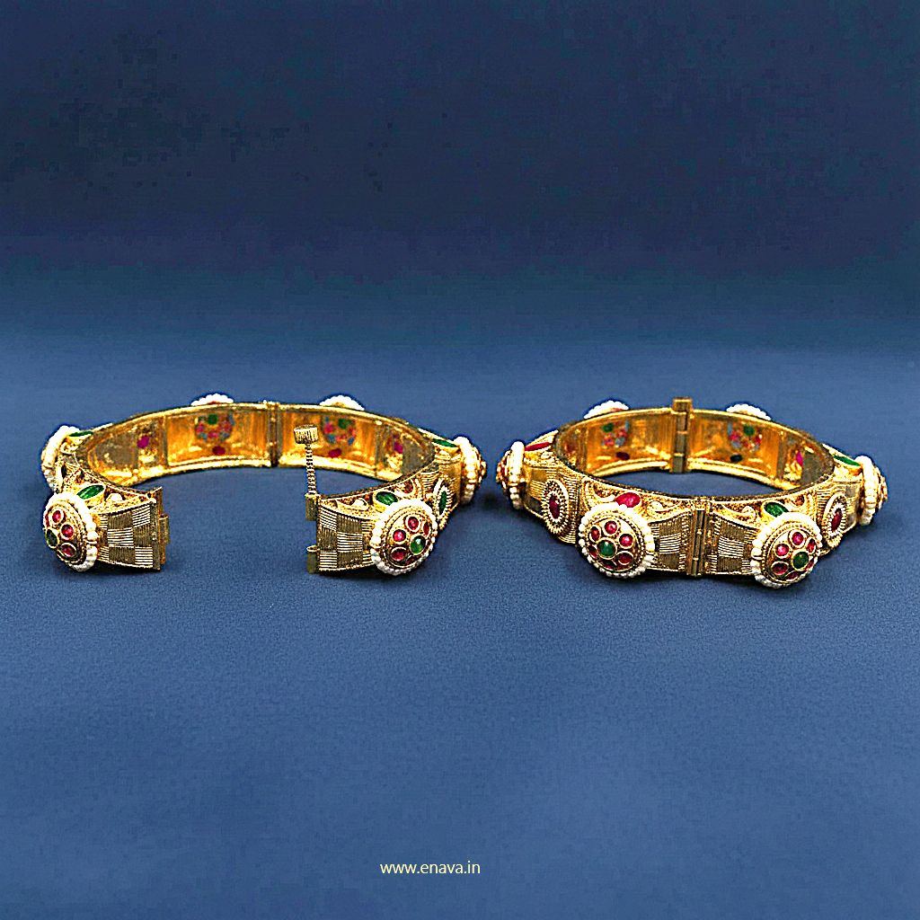 Rajwadi Pacheli Pearl Kundan Work Gold Plated Bangles By Enava Bangle Enava Jewels.