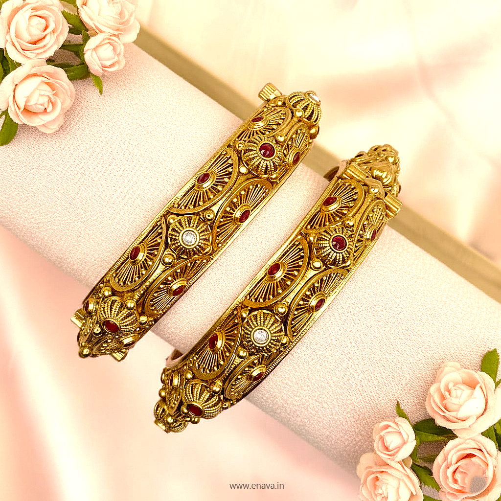Rajwadi Pacheli Ruby Kemp Gold Plated Bangles By Enava Bangle Enava Jewels.