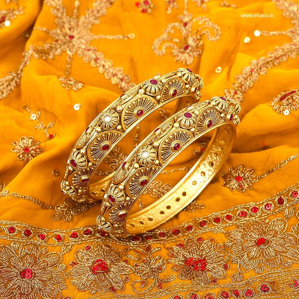 Rajwadi Pacheli Ruby Kemp Gold Plated Bangles By Enava Bangle Enava Jewels.