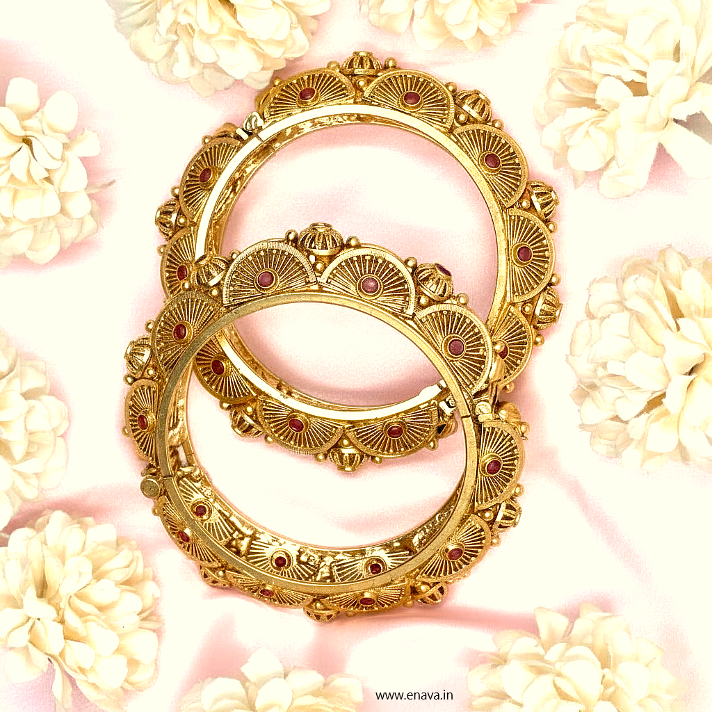 Rajwadi Pacheli Ruby Kemp Gold Plated Bangles By Enava Bangle Enava Jewels.
