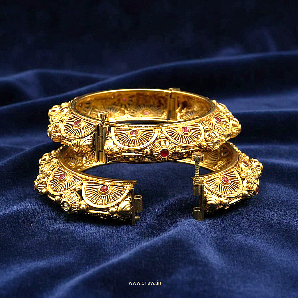 Rajwadi Pacheli Ruby Kemp Gold Plated Bangles By Enava Bangle Enava Jewels.