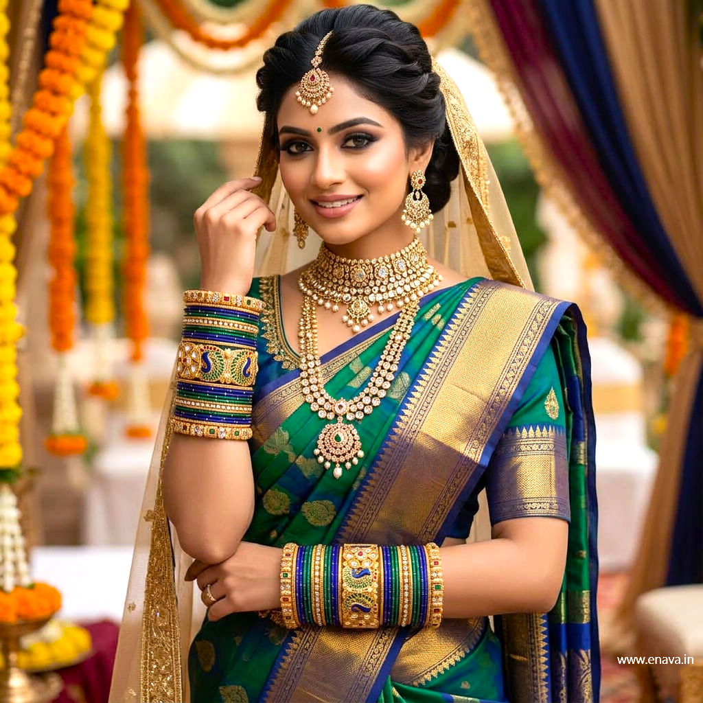 Rajwadi Peacock Blue Green Stone Designer Bangle Set by Enava