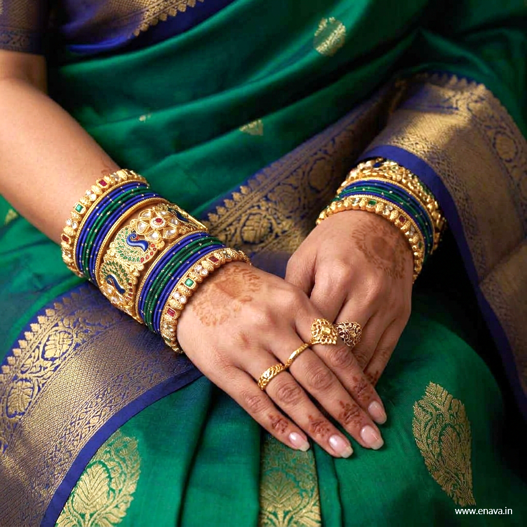 Rajwadi Peacock Blue Green Stone Designer Bangle Set by Enava