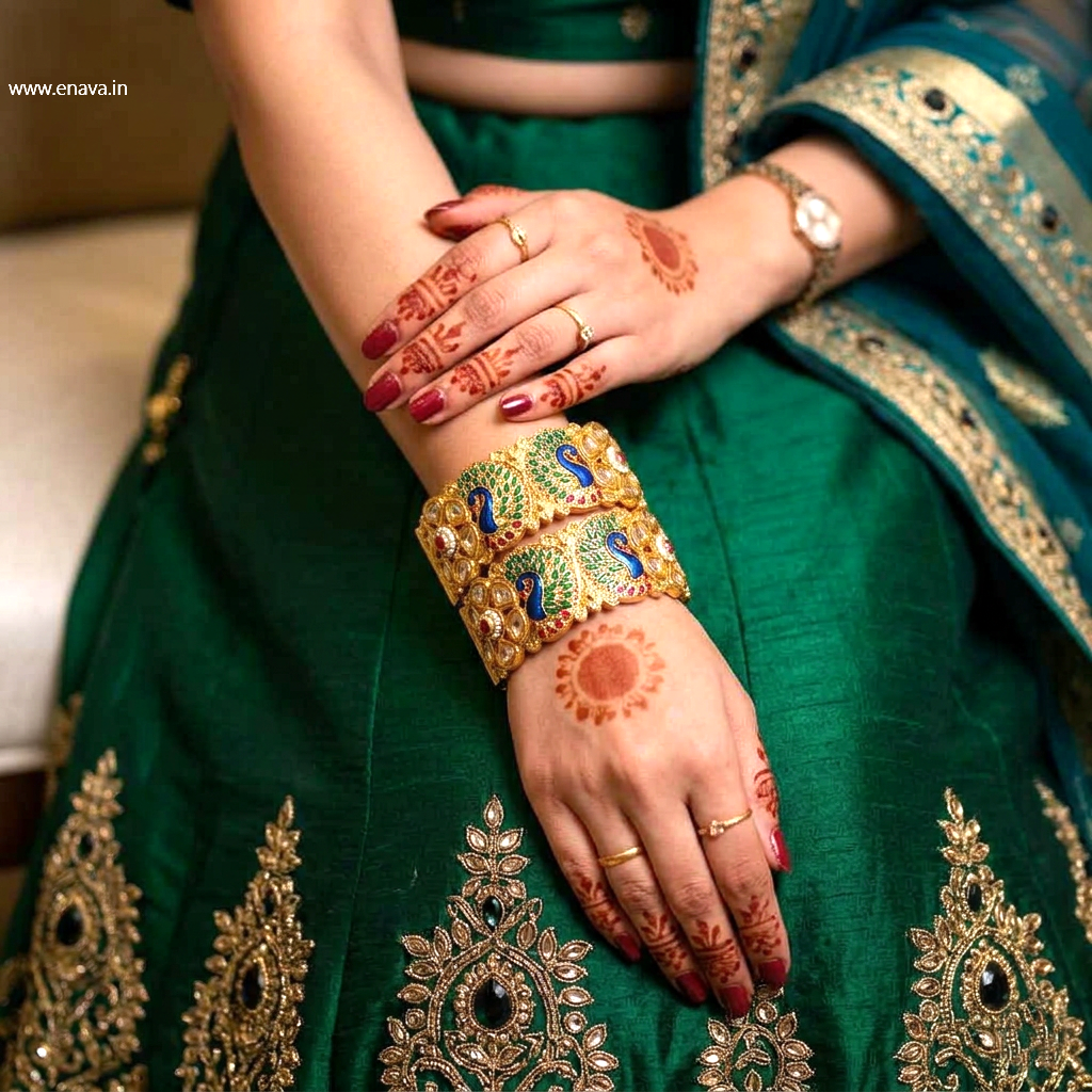 Rajwadi Peacock Blue Green Stone Designer Bangle Set by Enava