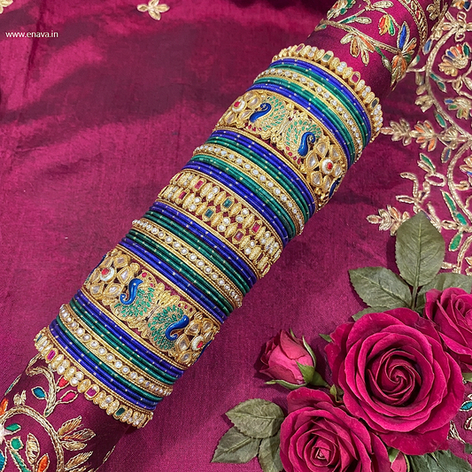 Rajwadi Peacock Blue Green Stone Designer Bangle Set by Enava