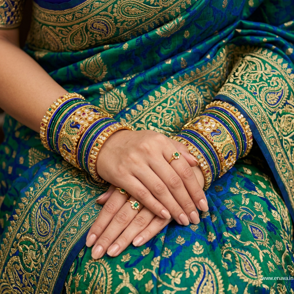 Rajwadi Peacock Blue Green Stone Designer Bangle Set by Enava
