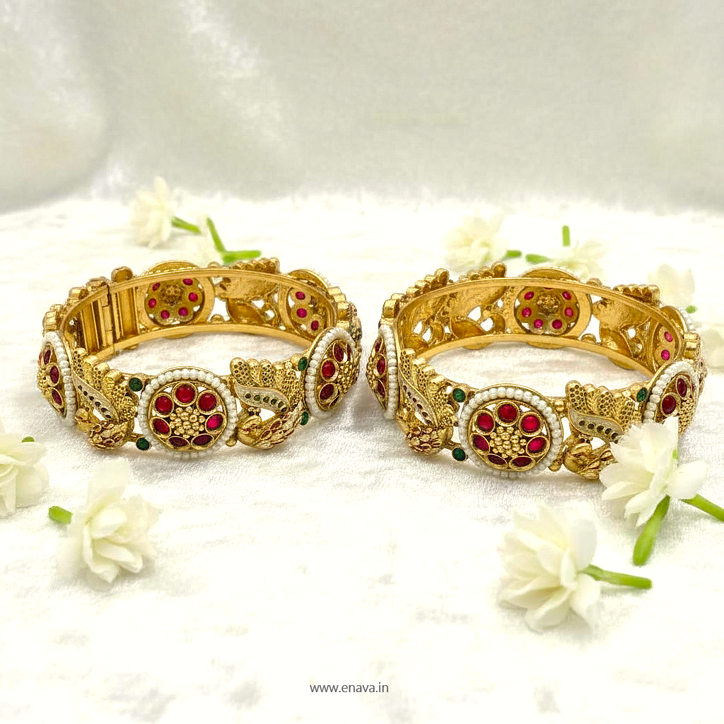 Rajwadi Peacock Pearl Flower Ruby Stone Gold Plated Bangles By Enava Bangle Enava Jewels.