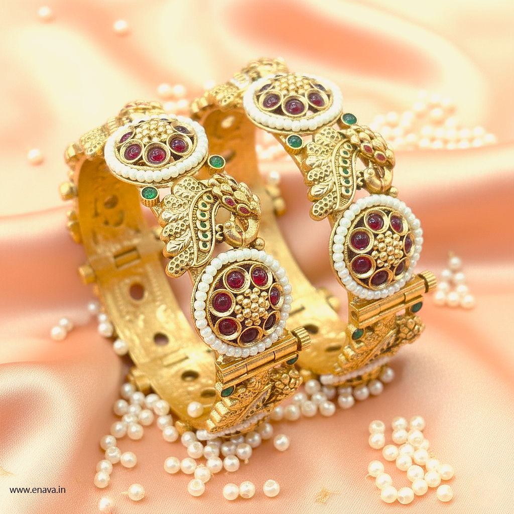 Rajwadi Peacock Pearl Flower Ruby Stone Gold Plated Bangles By Enava Bangle Enava Jewels.