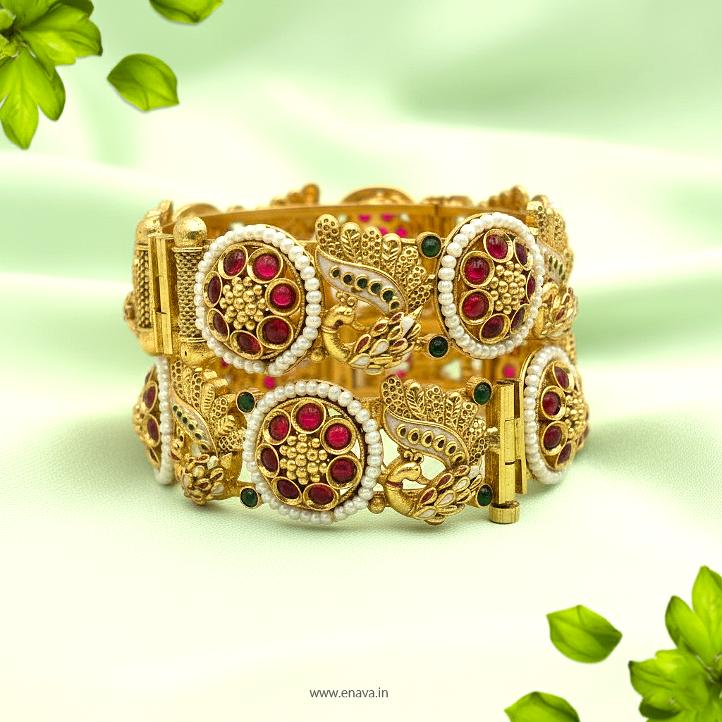 Rajwadi Peacock Pearl Flower Ruby Stone Gold Plated Bangles By Enava Bangle Enava Jewels.