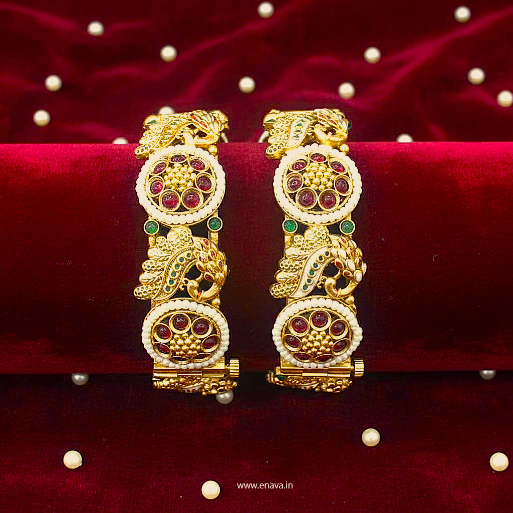 Rajwadi Peacock Pearl Flower Ruby Stone Gold Plated Bangles By Enava Bangle Enava Jewels.