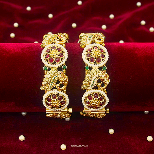 Rajwadi Peacock Pearl Flower Ruby Stone Gold Plated Bangles By Enava Bangle Enava Jewels.