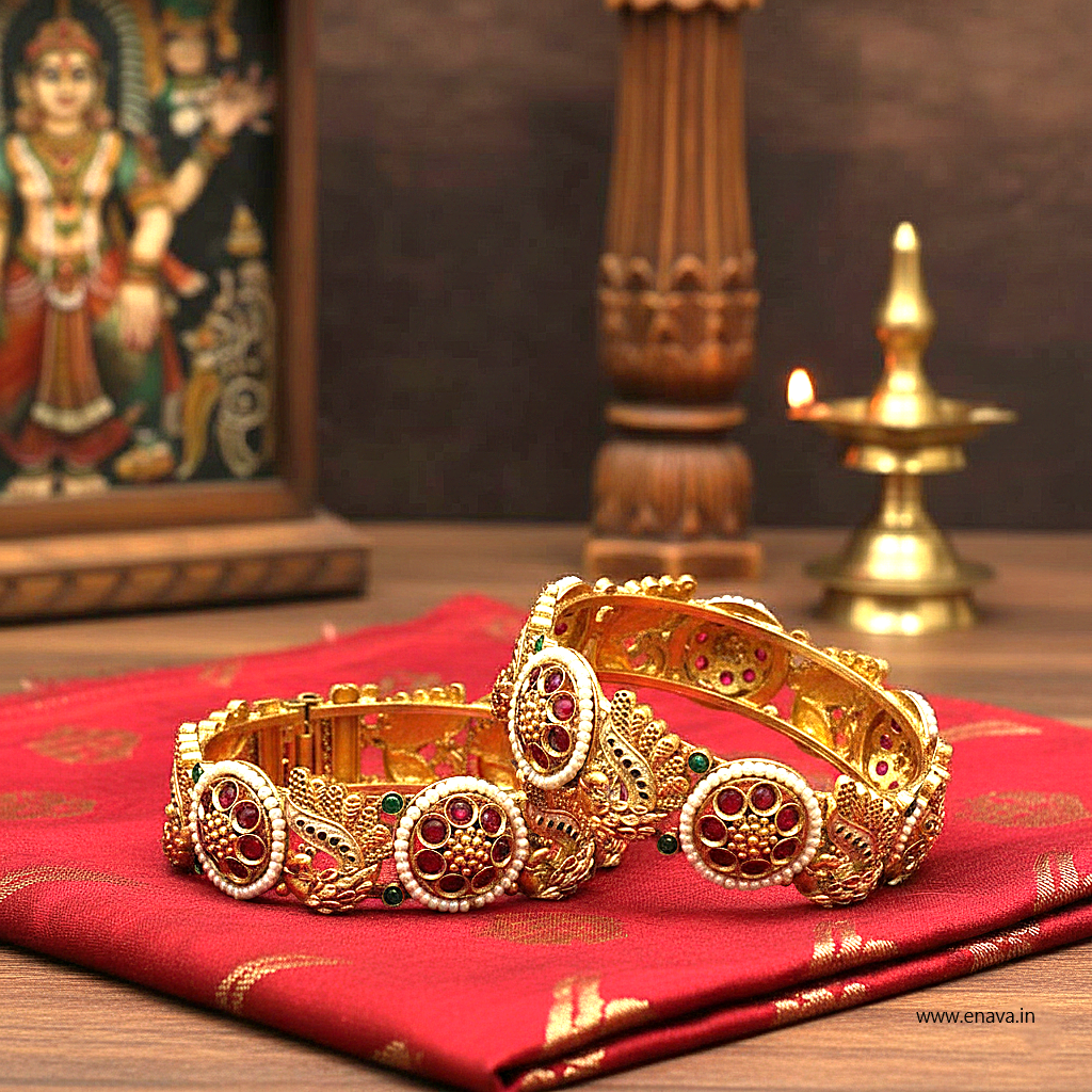 Rajwadi Peacock Pearl Flower Ruby Stone Gold Plated Bangles By Enava Bangle Enava Jewels.
