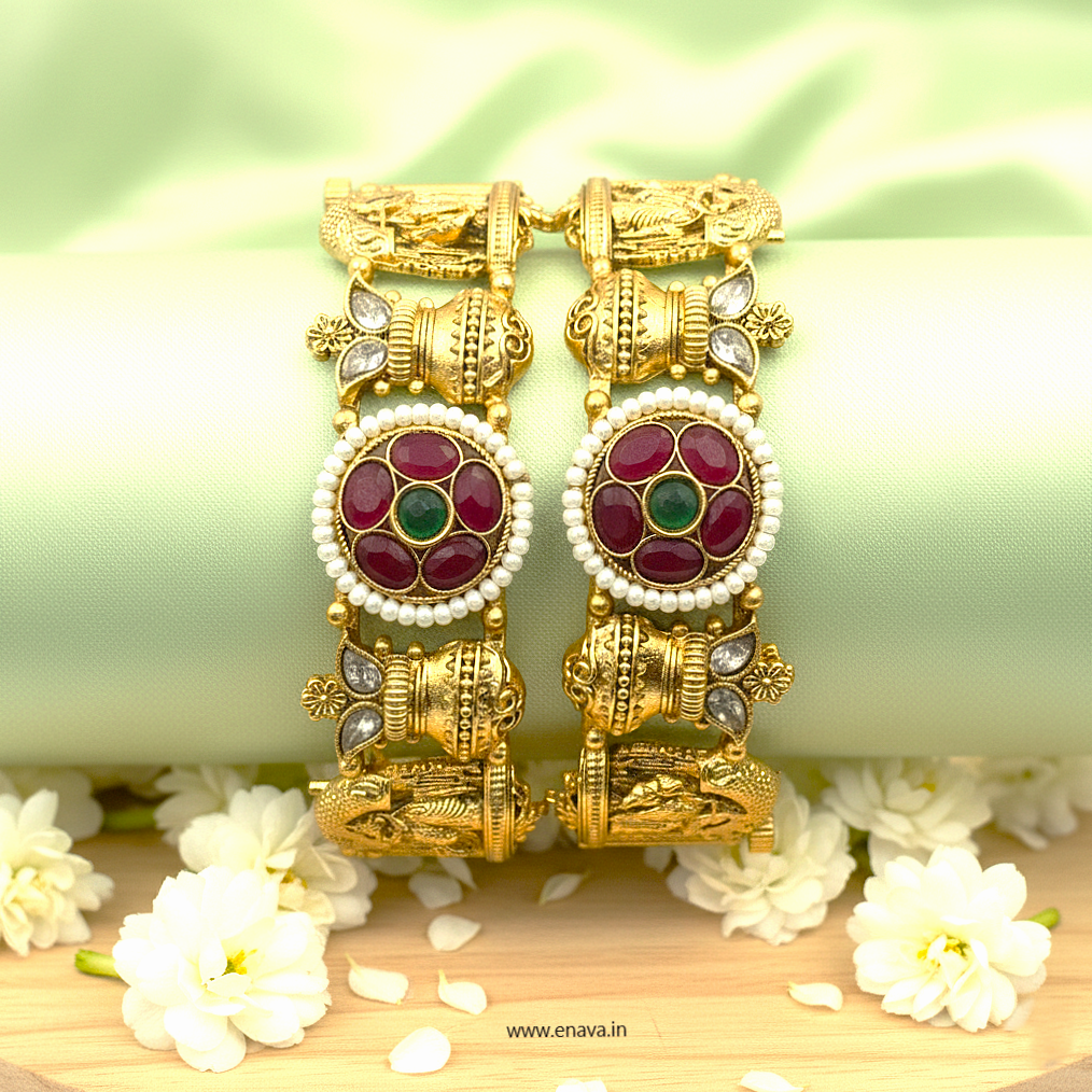 Rajwadi Radha Krishna Kalash Pearl Ruby Stone Bangles By Enava Bangle Enava Jewels.