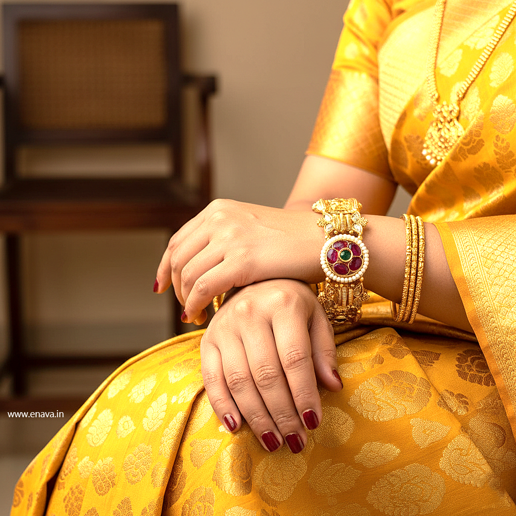 Rajwadi Radha Krishna Kalash Pearl Ruby Stone Bangles By Enava Bangle Enava Jewels.