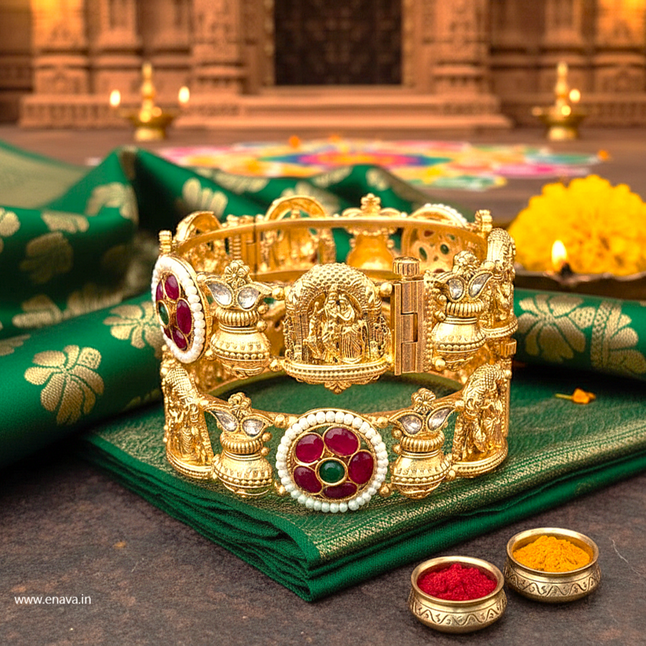 Rajwadi Radha Krishna Kalash Pearl Ruby Stone Bangles By Enava Bangle Enava Jewels.