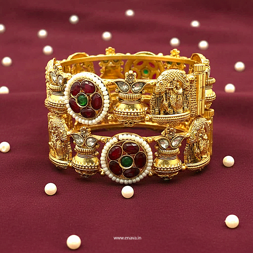 Rajwadi Radha Krishna Kalash Pearl Ruby Stone Bangles By Enava Bangle Enava Jewels.