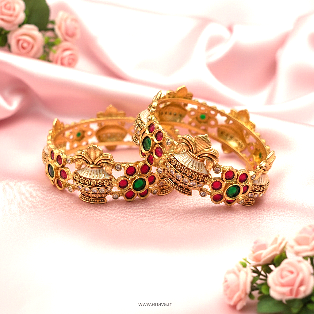 Rajwadi Temple Kalash Festive Gold Plated Bangles By Enava Bangle Enava Jewels.