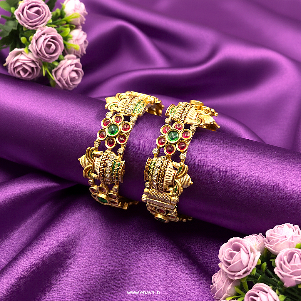 Rajwadi Temple Kalash Festive Gold Plated Bangles By Enava Bangle Enava Jewels.
