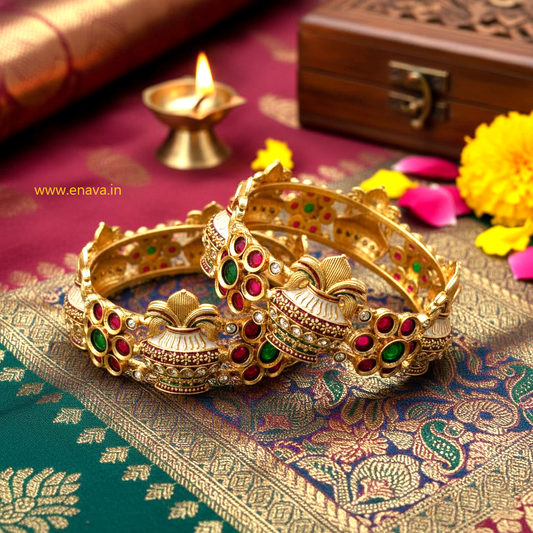 Rajwadi Temple Kalash Festive Gold Plated Bangles By Enava Bangle Enava Jewels.