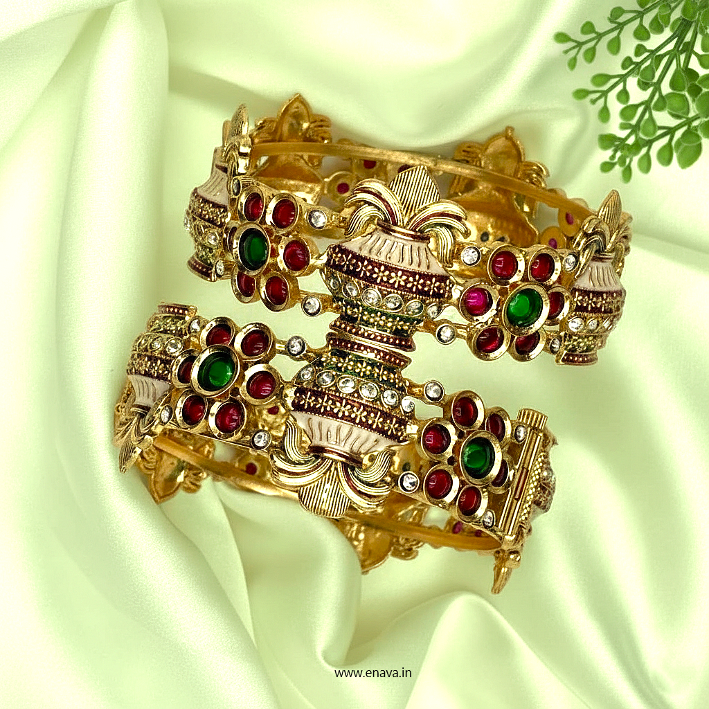 Rajwadi Temple Kalash Festive Gold Plated Bangles By Enava Bangle Enava Jewels.