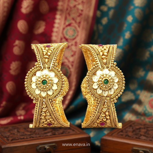 Rajwadi Unique Flower Design Kada Gold Plated Bangles By Enava Bangle Enava Jewels.