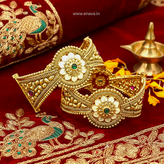 Rajwadi Unique Flower Design Kada Gold Plated Bangles By Enava Bangle Enava Jewels.
