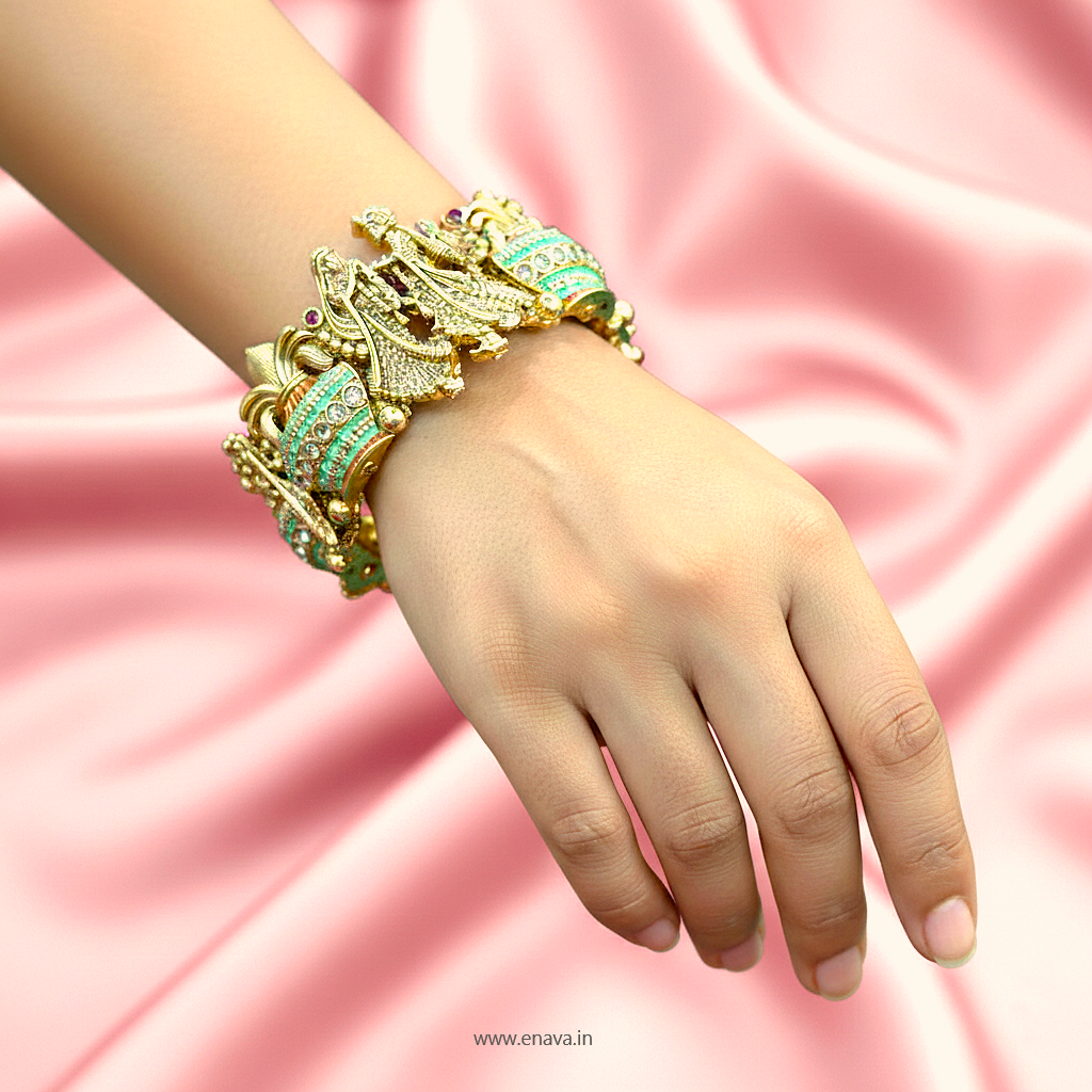 Rajwadi Varmala Kalash Enamel Antique Gold Bangles by Enava Bangle Enava Jewels.