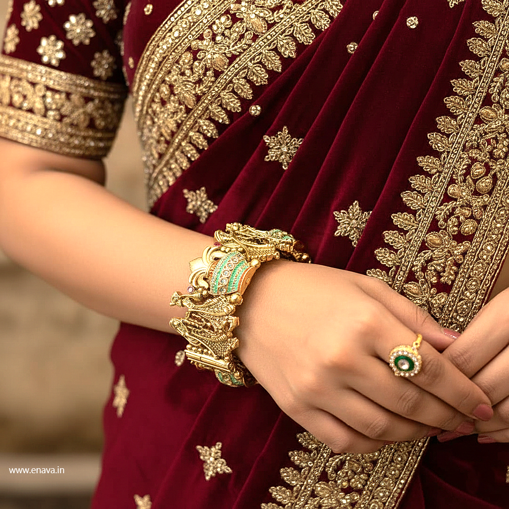 Rajwadi Varmala Kalash Enamel Antique Gold Bangles by Enava Bangle Enava Jewels.