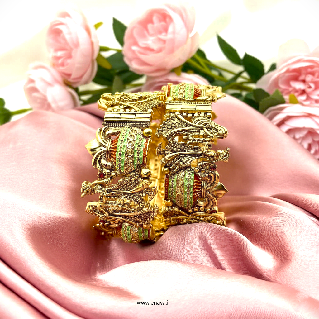 Rajwadi Varmala Kalash Enamel Antique Gold Bangles by Enava Bangle Enava Jewels.
