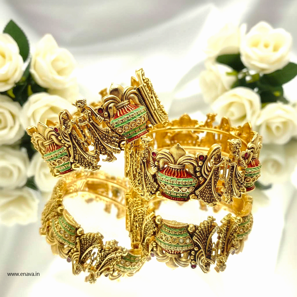 Rajwadi Varmala Kalash Enamel Antique Gold Bangles by Enava Bangle Enava Jewels.