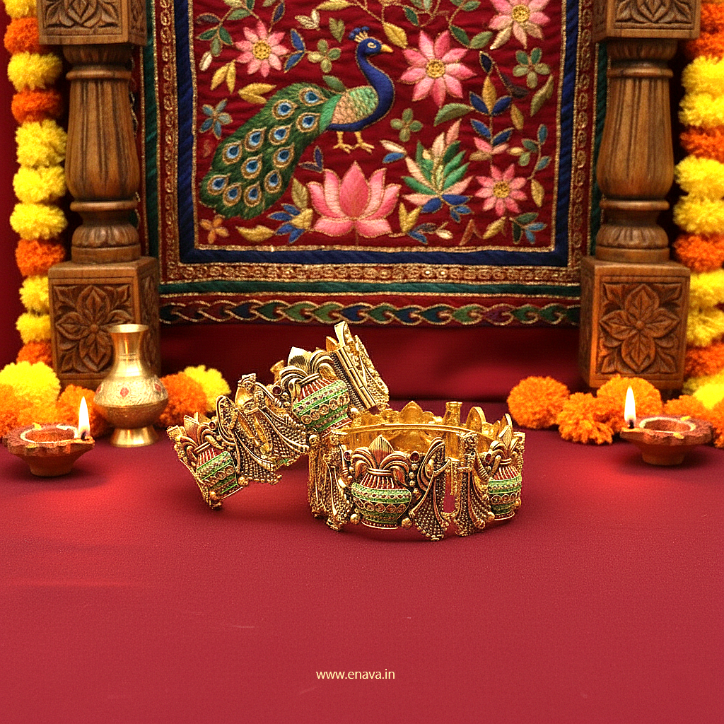 Rajwadi Varmala Kalash Enamel Antique Gold Bangles by Enava Bangle Enava Jewels.
