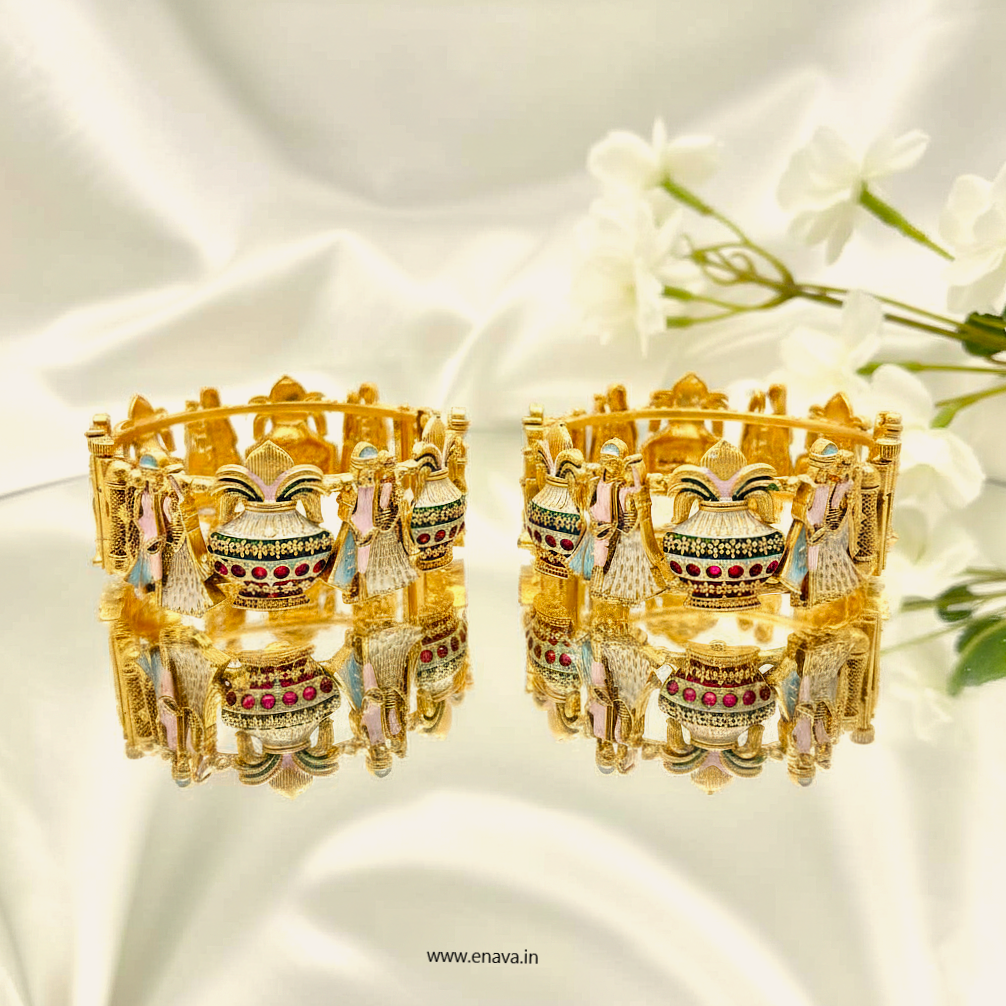 Rajwadi Dulha Dulhan Kalash Enamel Gold Plated Bangles by Enava Bangle Enava Jewels.
