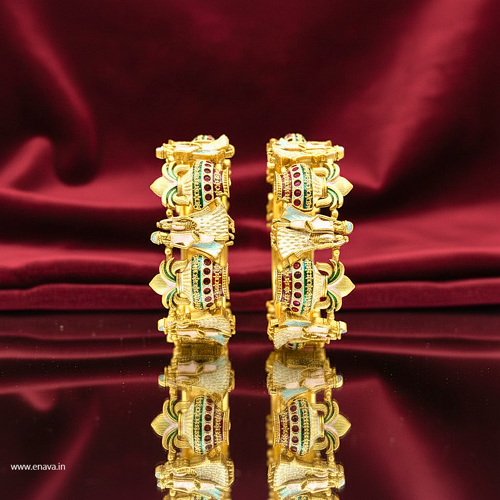 Rajwadi Dulha Dulhan Kalash Enamel Gold Plated Bangles by Enava Bangle Enava Jewels.