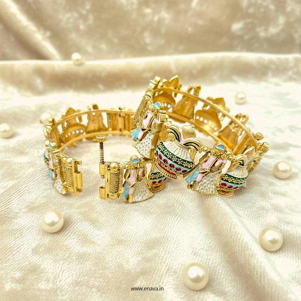 Rajwadi Dulha Dulhan Kalash Enamel Gold Plated Bangles by Enava Bangle Enava Jewels.