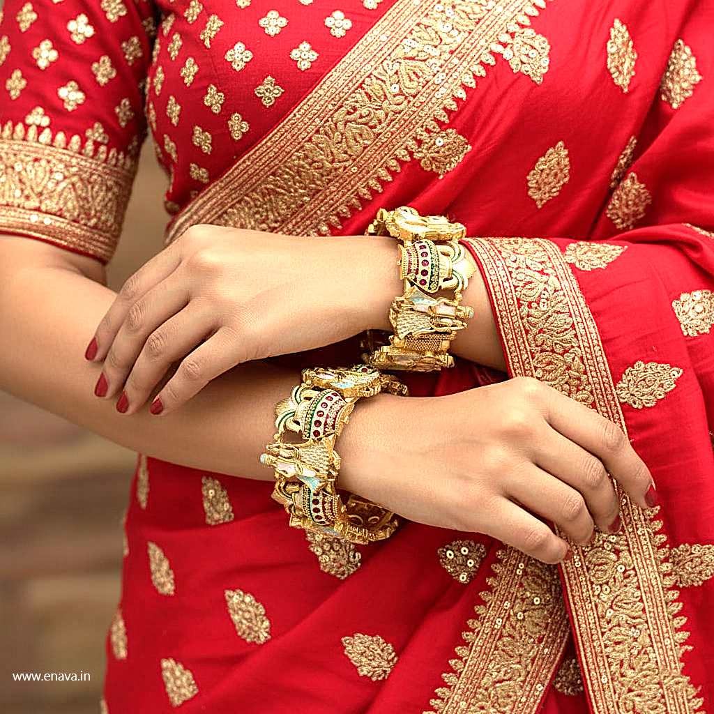 Rajwadi Dulha Dulhan Kalash Enamel Gold Plated Bangles by Enava Bangle Enava Jewels.