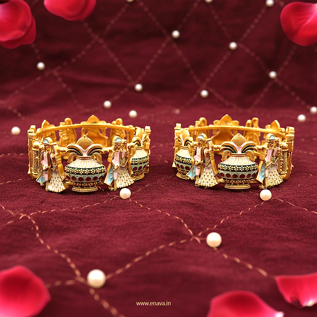 Rajwadi Dulha Dulhan Kalash Enamel Gold Plated Bangles by Enava Bangle Enava Jewels.