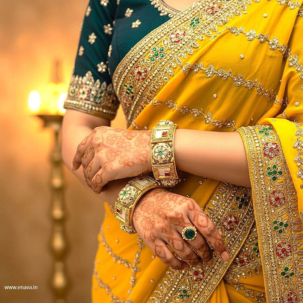 Rajwadi Kundan Marble Stone Flower Enamel Gold Plated Bangles by Enava Bangle Enava Jewels.