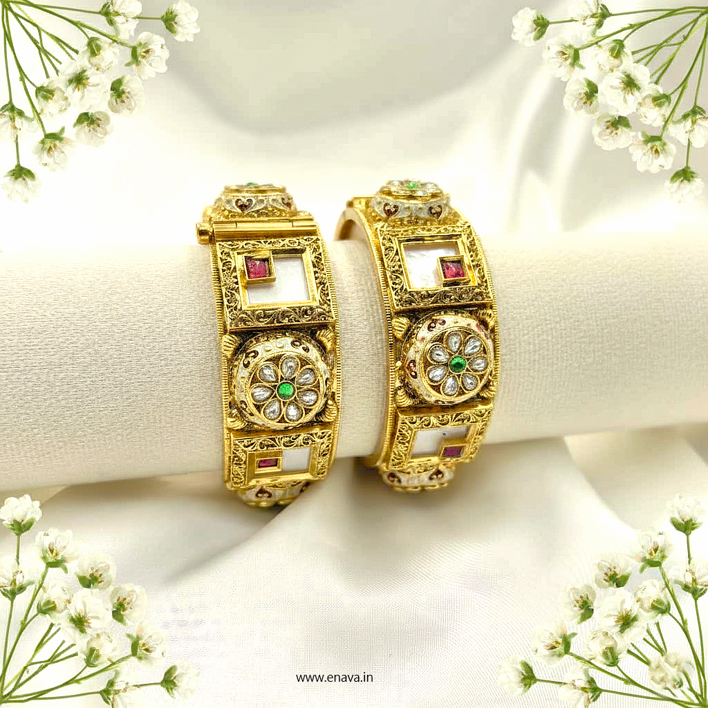 Rajwadi Kundan Marble Stone Flower Enamel Gold Plated Bangles by Enava Bangle Enava Jewels.