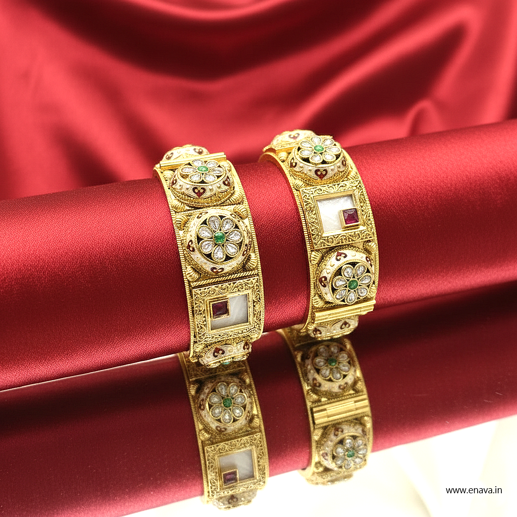 Rajwadi Kundan Marble Stone Flower Enamel Gold Plated Bangles by Enava Bangle Enava Jewels.